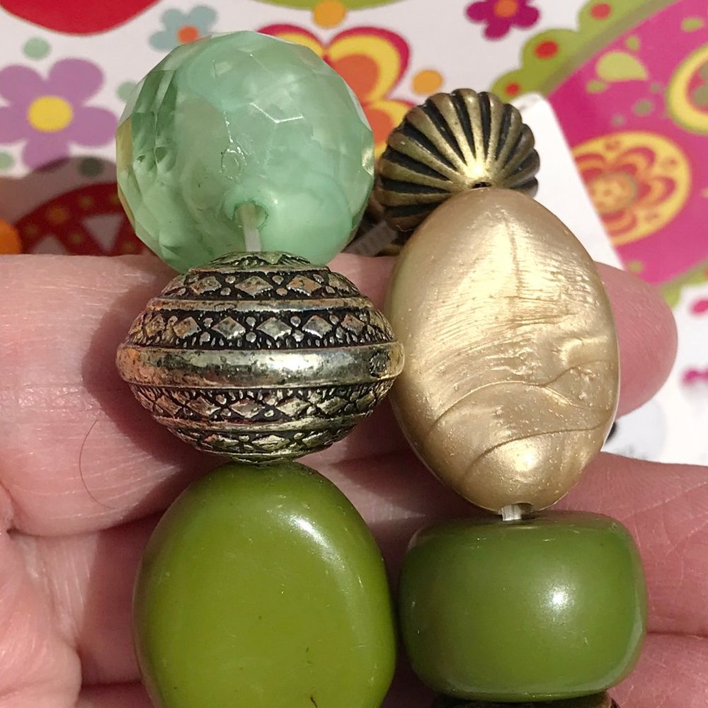 Mixed Boho Bead Stretch Bracelets Olive & Goldtone - Picture 4 of 6